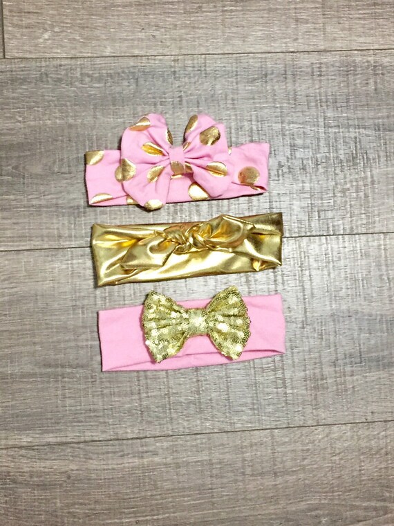 Items similar to Girls Pink and Gold Headbands, Set of Three Girls ...