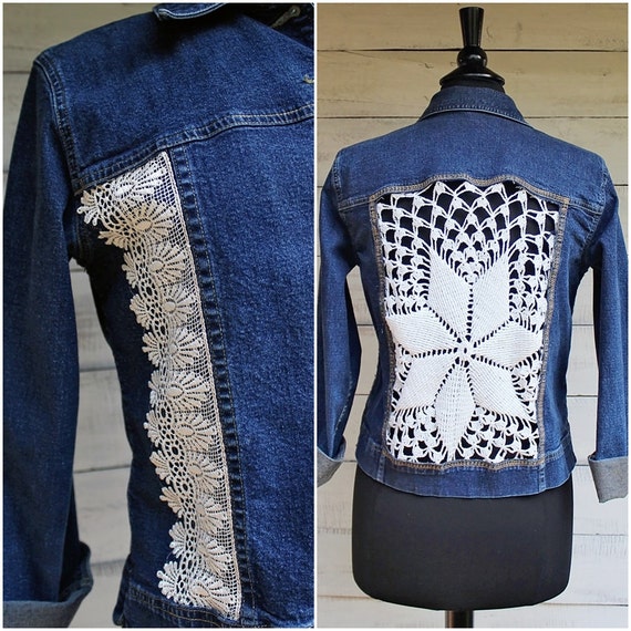 Upcycled Jean Jacket with Crochet Doily Inserts Cut-out Back