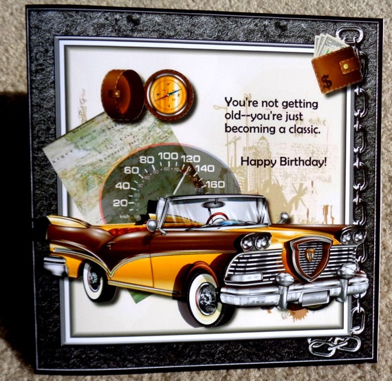 Birthday Vintage Car Themed Handmade 3D Greeting Card with