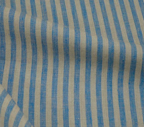 Gray blue softened striped linen fabric natural by AureliaBoutique