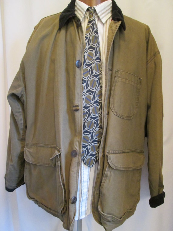 vintage J CREW mens olive drab canvas barn coat with velvet