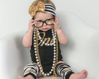 First Birthday Girl Outfit Black Gold Glitter One Gold Sequin Bow Headband Gold Heart Leg Warmers 1st Birthday Girl Clothing