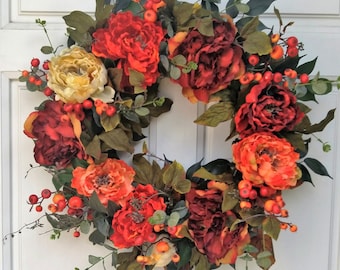 Fall Red orange gold peony bright berry euculyptus full wreath