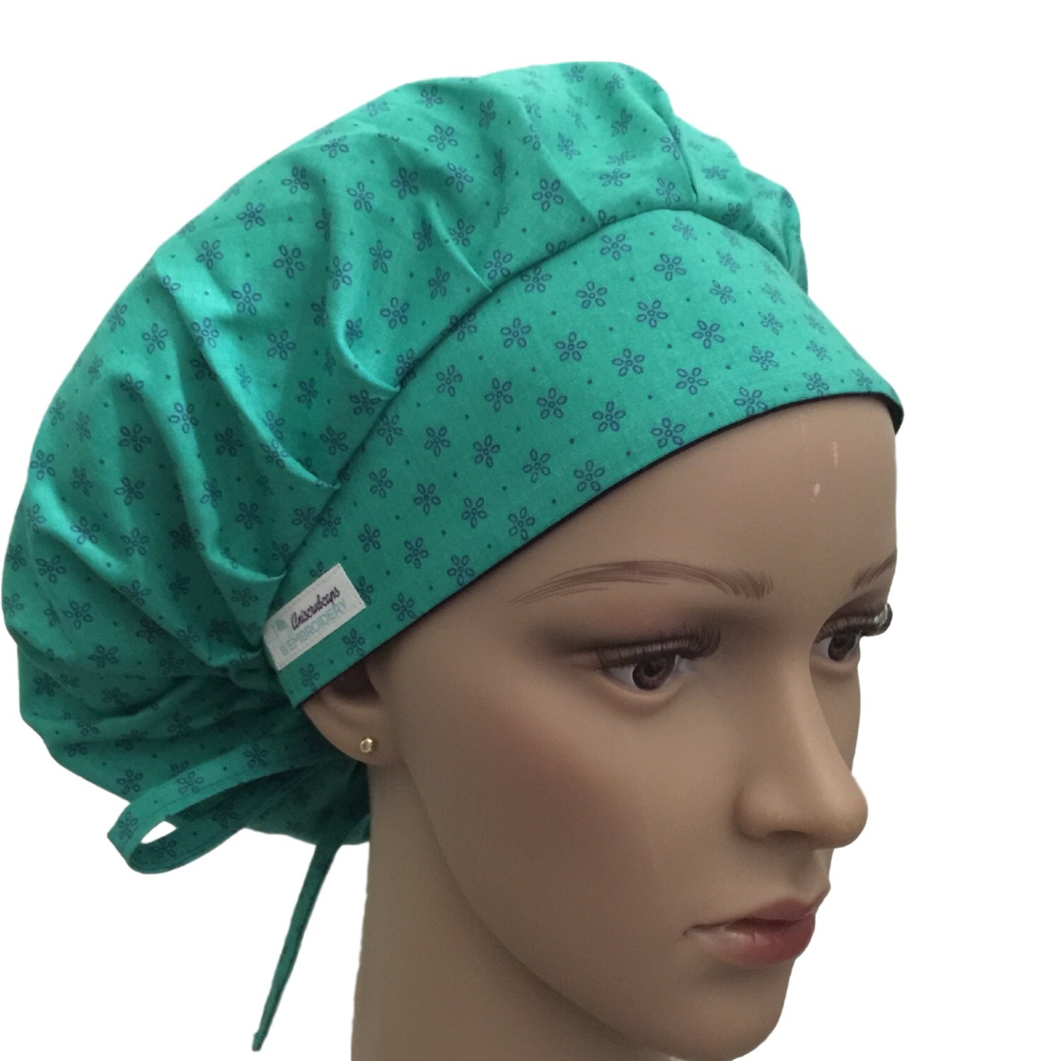 Bouffant Scrub Hat with ties Small Flowers on Green Bouffant