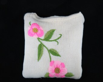 Embroidered Wool Sweater - Russ Wool Sweater - Pink Flower Embroidered Sweater - 1960s Sweater - Free Shipping-1CTT16
