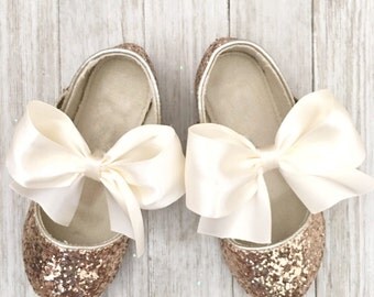Infant girl shoes, Toddler girl shoes, Kids Girls Shoes -GOLD ROCK glitter mary-jane with satin ribbon bow for flower girls