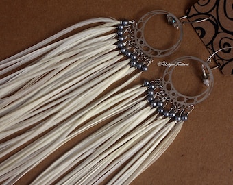 Long White Feather Earrings Festival Accessories Boho Wedding Gray Pearl Silver