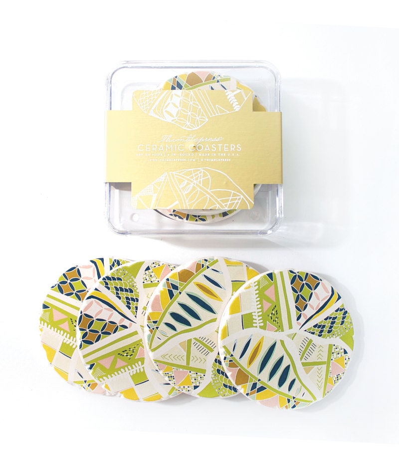 Pattern Pieces Green Ceramic Coasters