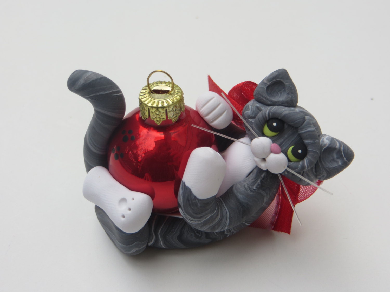 Gray Tabby Cat Christmas Ornament Polymer Clay