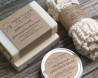 Baby Bath Gift Set - All natural organic baby soap, baby balm, cotton washcloth & wooden soap deck