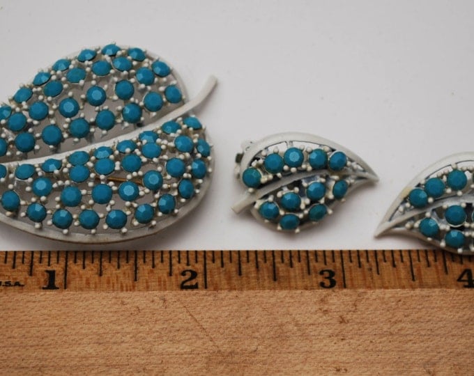 Lisner Leaf Brooch and earring Set Light Blue glass Rhinestone and white enamel Mid Century