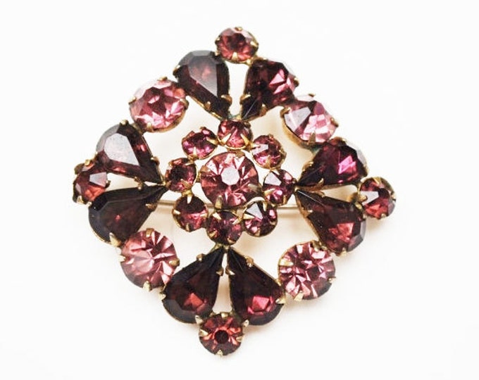 Purple Rhinestone Brooch - diamond shape - slightly domed - Mid Century Pin