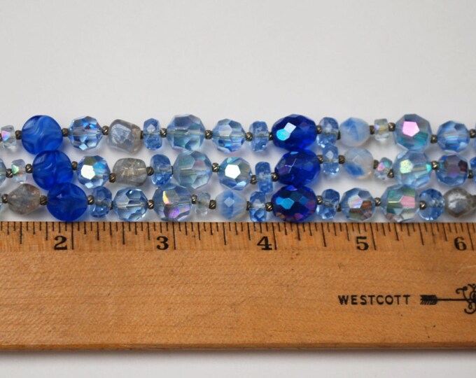 Hattie Carnegie Bracelet - Bead Blue Clear Crystal -Triple strand - Blue Givre Rhinestone Clasp
