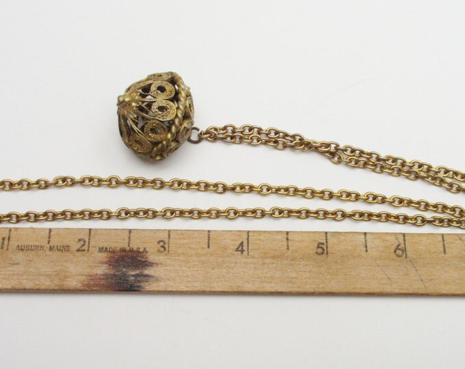 Boho Necklace Brass Filigree Ball pendant tribal 24 inch