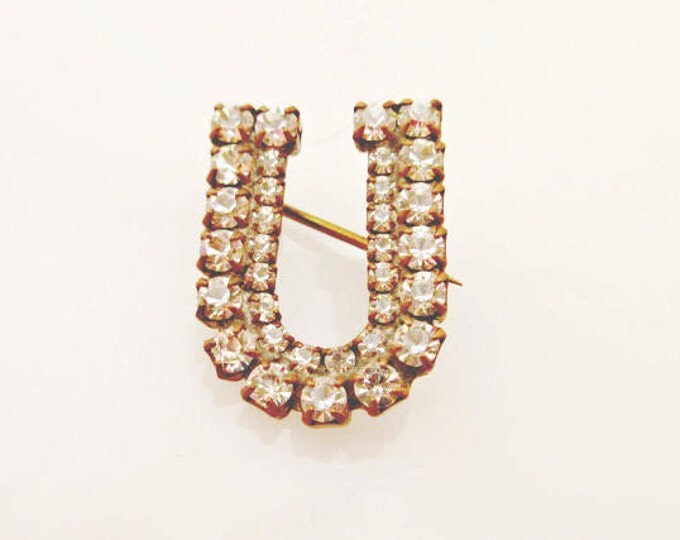 Horse Shoe Brooch - Letter U monogram - Rhinestone pin - silver -