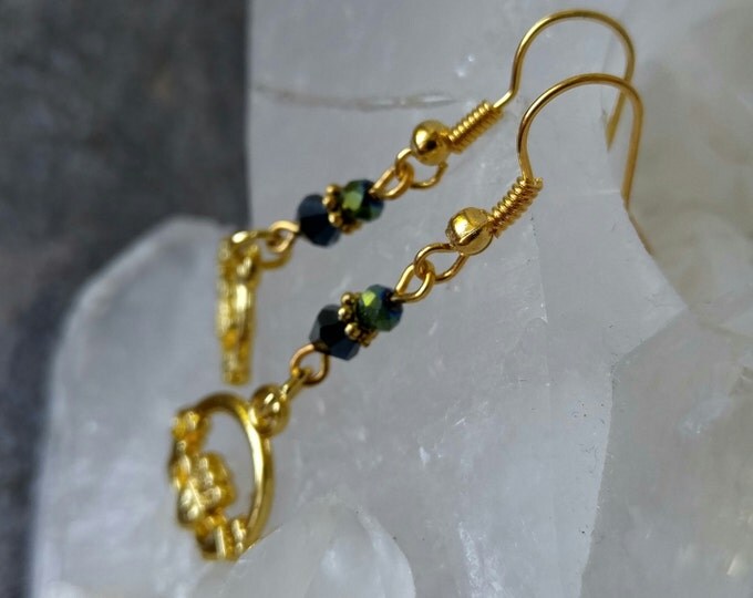 Claddagh Earrings Irish Earrings Celtic Earring Gold Claddagh Love Loyalty Friendship Gold and Crystal Earrings Dangle earrings French Hook