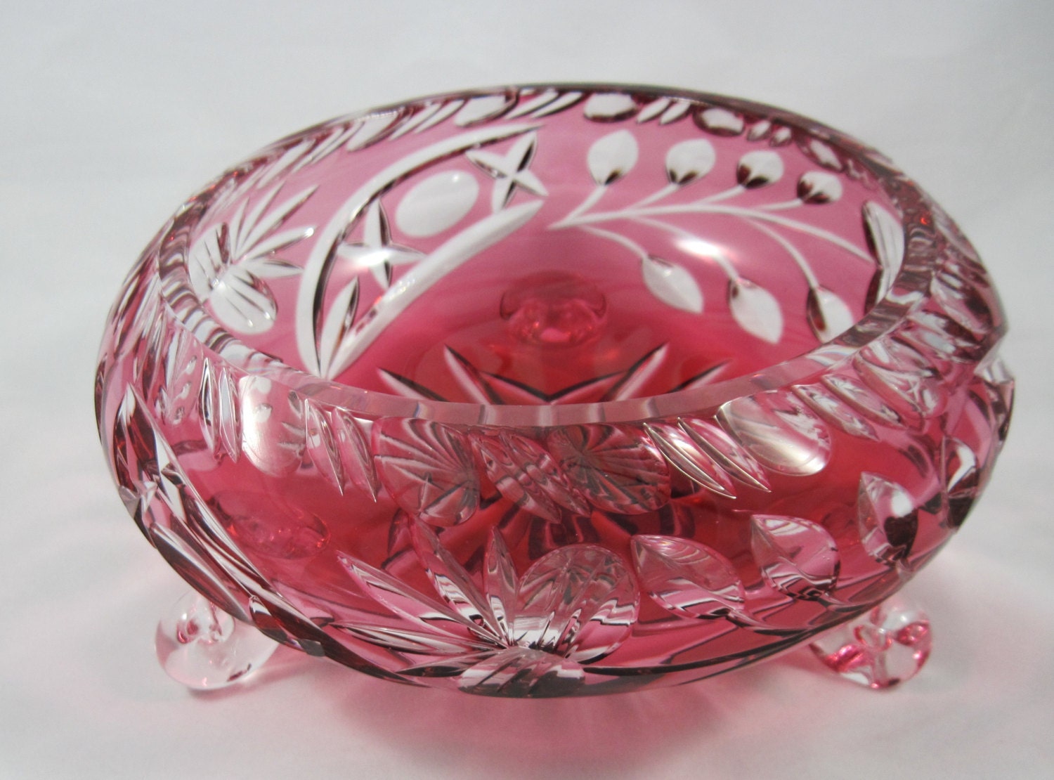 Cranberry Crystal Bowl Cut to Clear Art Glass 10