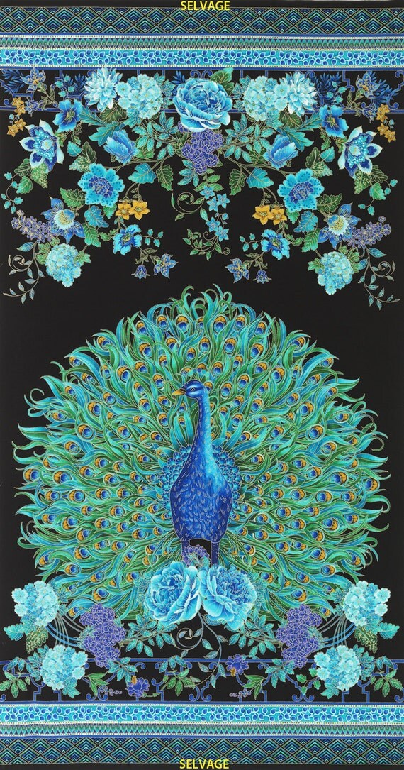 Timeless Treasures Fabric Panel Peacock Enchanted Plume