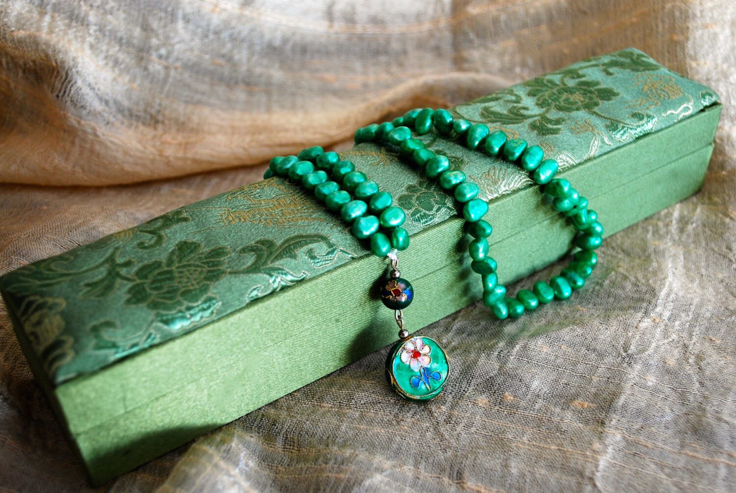 Chinese prayer beads leaf green water pearls with cloisonné