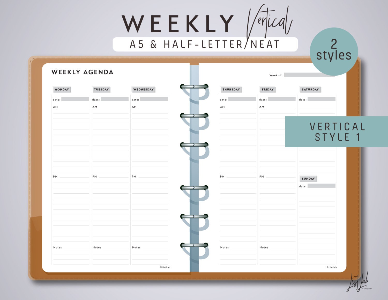 a5 2 page weekly planner vertical style 1 and 2 printable