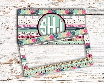 16th birthday gift for girls, Tribal monogram license plate or frame, Aztec seat belt strap cover, Personalized bike tag or keychain (1381)