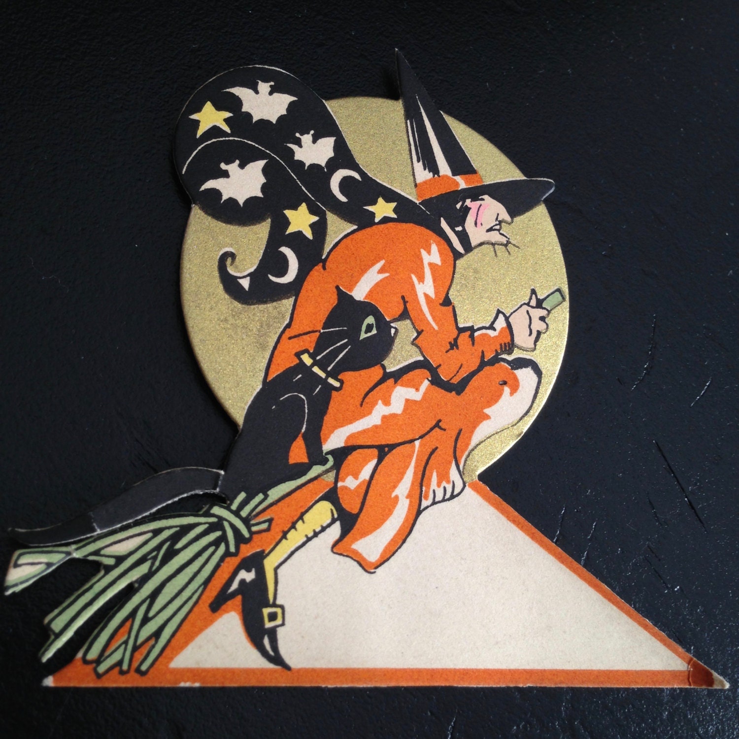 RARE Antique Art Deco Halloween Witch Flying over Moon on