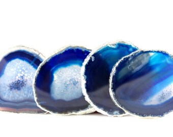 Blue Agate Coaster-- Silver Plated--Agate Coasters--Stone Coasters--Set of Four