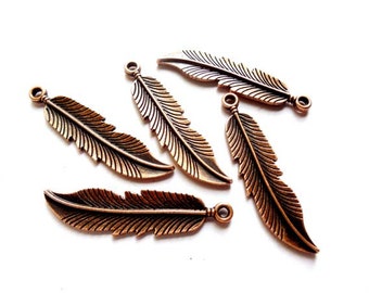 5 Antique Copper Feather Charms - 27-28