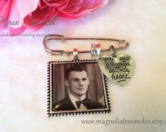Lapel Pin, Boutonniere, Bridal Bouquet Charm, Custom photo, Memorial, Groom, Wedding, Tuxedo, Karen Elizabeth, Always In My Heart, LP02