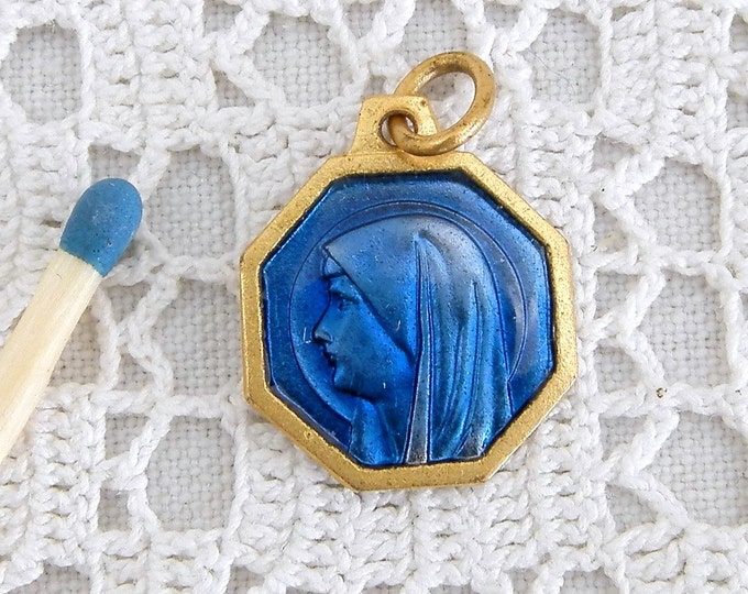 Small Vintage French Religious Gold Plated and Blue Glass Enamel Medal Virgin Mary / Charm / Religion / Christian / Catholic / Madonna Small Vintage French Religious Gold Plated and Blue Glass Enamel Medal Virgin Mary / Charm / Religion / Christian / Catholic / Madonna
