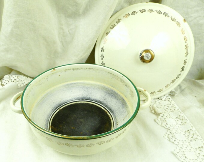 Large Antique French Off White Green & Gold Enamelware Lidded Vessel Pot Pan/ Retro Vintage Home Decor / Enamel / Cottage Kitchen Country