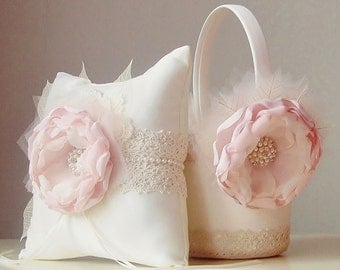 Blush Flower Girl Basket, Ring Bearer Pillow, Vintage Wedding, Flower Girl Basket, Blush Ring Bearer Pillow