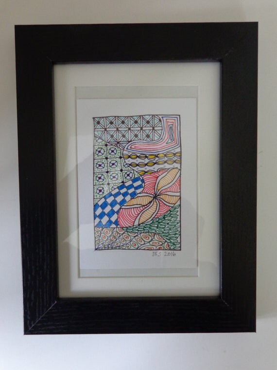 Original Framed Zentangle Art. Framed and Matted. Color
