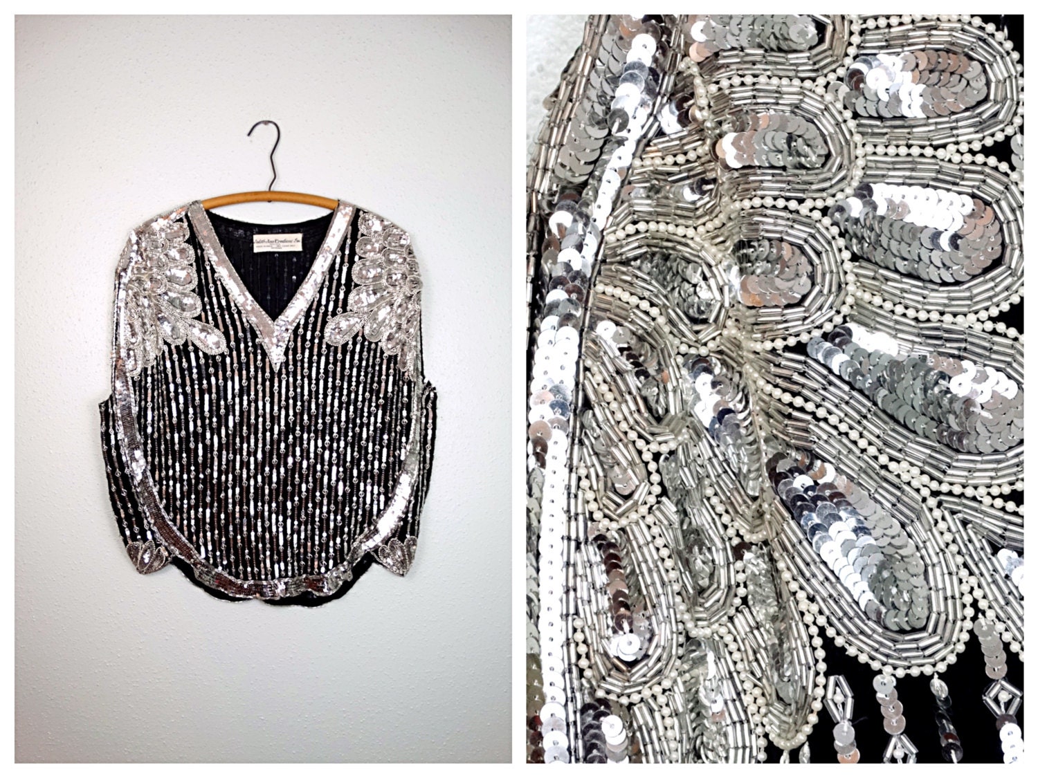 VTG Batwing Sequin Top / Mirrored Silver Black and Pearl