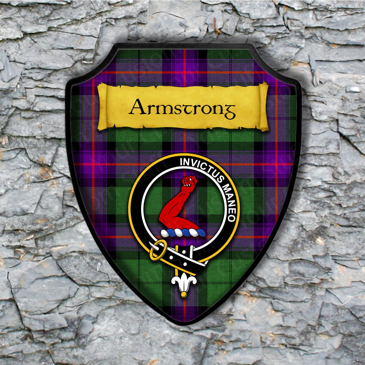 Armstrong Plaque with Scottish Clan Badge on Clan Tartan