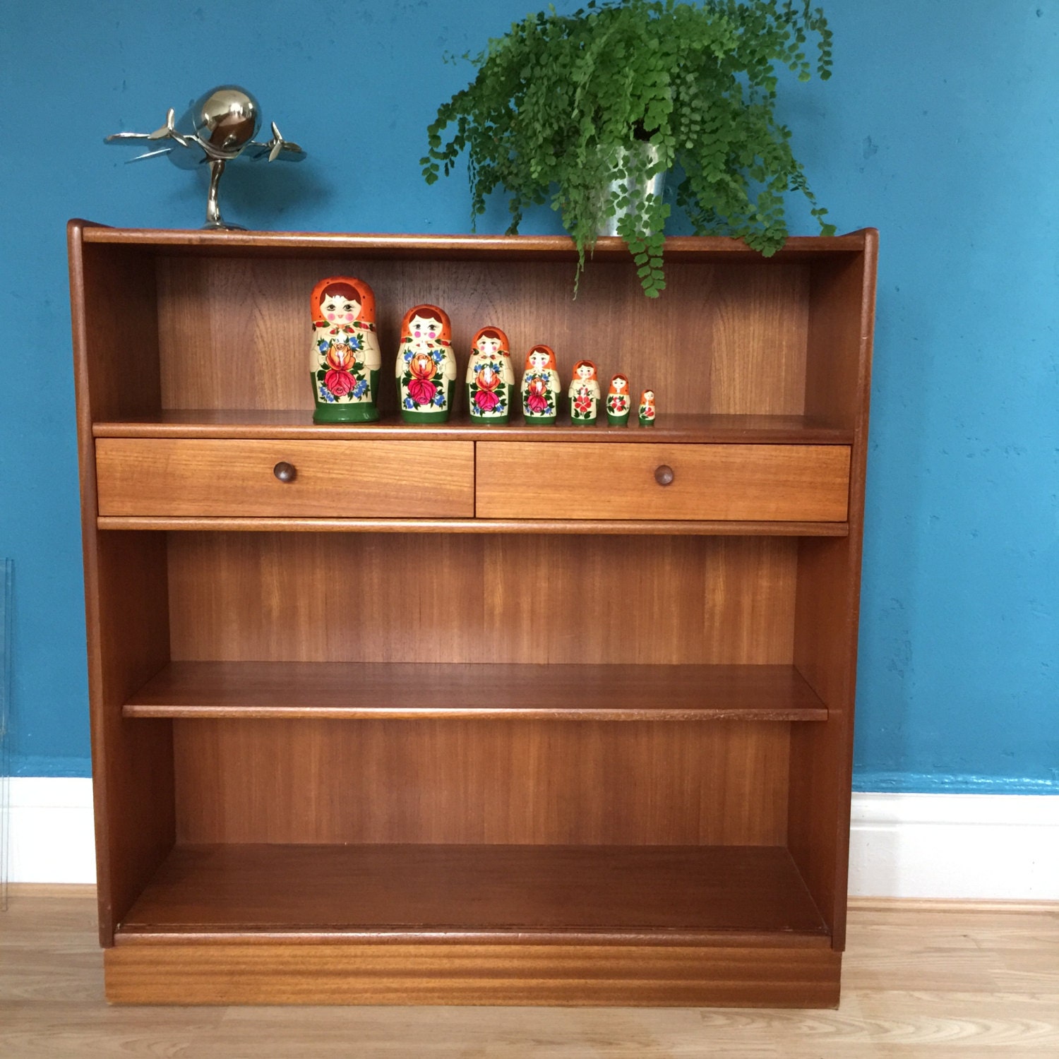 Vintage Danish Nathan Teak Retro Glass Bookcase Shelf Unit Hall