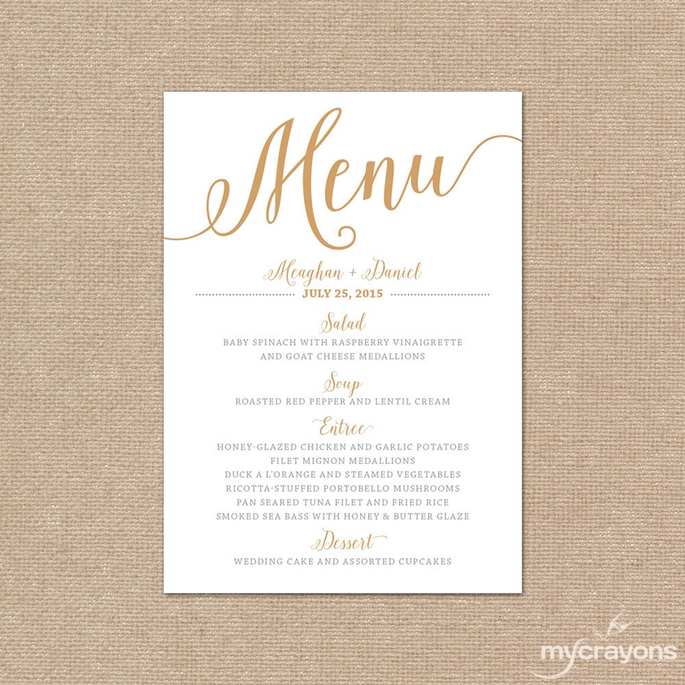 Gold Wedding Menu Card Printable Wedding Menu Bella Script