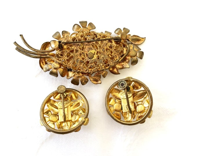 Vintage Czech Brooch Set, Czech Pin with Screw Back Earrings, Rhinestone and Enamel, Czech Glass Jewelry