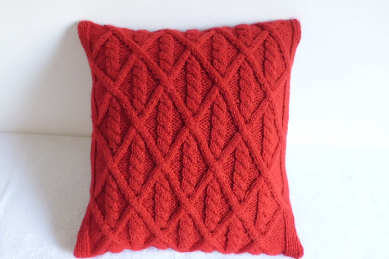 Diamond Cable Knit Cherry Red Pillow Cover Hand Knit True