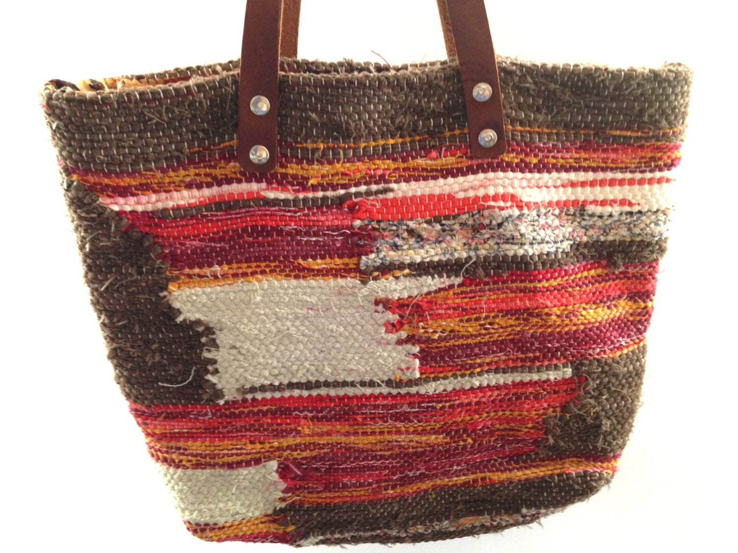 Woven rag bag Striped rag tote bag with leather handles