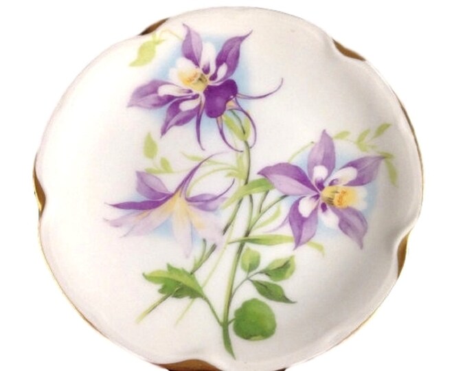 J &C Louise Bavaria Porcelain Hand Painted 6 1/4" Plate Gold Accents Purple Columbine Flowers