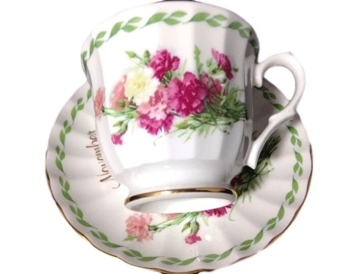 Flower of the Month Cup Saucer November, Golden Crown Tea Cup and Saucer, Vintage Teacup and Saucer, Bone China, Birthday Gift