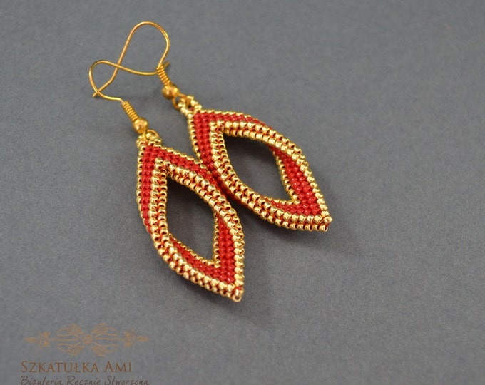 Red earrings golden earrings dark red earrings long earrings woven earrings elegant earrings hanging earrings beads earrings christmas gift
