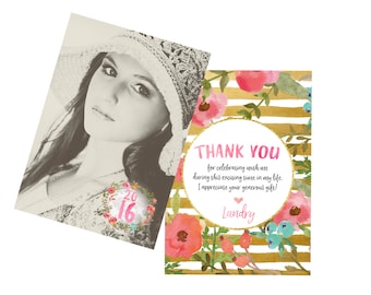 Graduation Photo Thank You Card Gold Glitter Floral - Digital File or Printed Thank yous Class of 2016 Watercolor Thank You Graduate