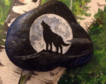 Painted ROCK Mystical WOLF With Full Moon PAPERWEIGHT