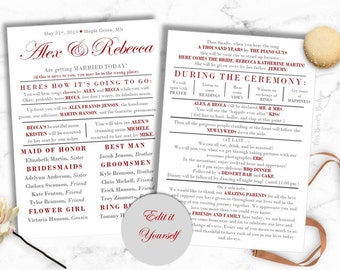 Funny Wedding Program Instant download, ***best seller***, relaxed wedding program, DIY wedding program, bride on a budget, simple wedding