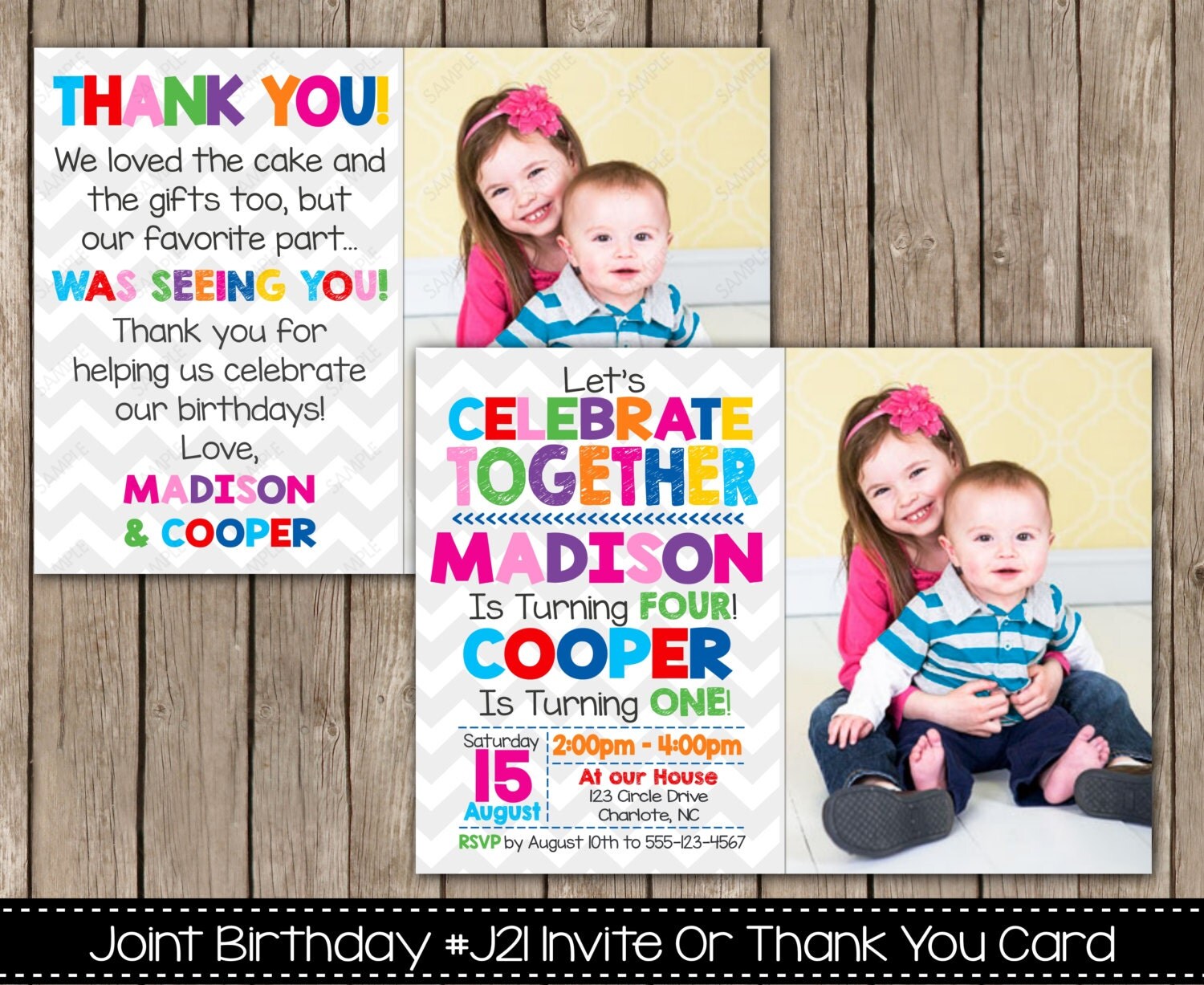 Joint Birthday Party Invitation or Thank You Card Siblings