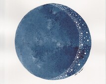 NEW Abstract Painting, Indigo Sphere, White Dots, Crescent 3 of 3
