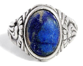 Antique Lapis Lazuli Mens Ring Art Nouveau Jewelry Silver