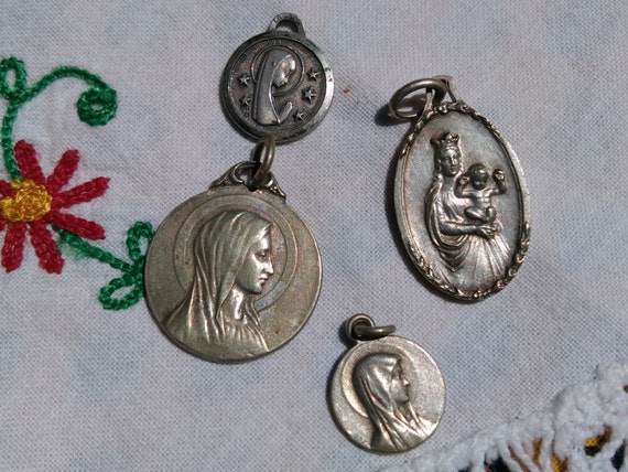 Lot of 4 Antique Virgin Mary Medals Our Lady of Lourdes Mother